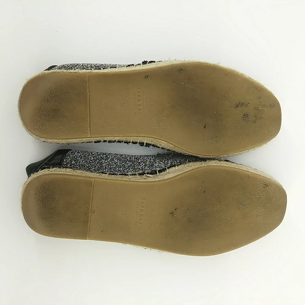 Zara Basic Collection Metallic Faux Leather Cap Toe Espadrills Silver Glitter 35